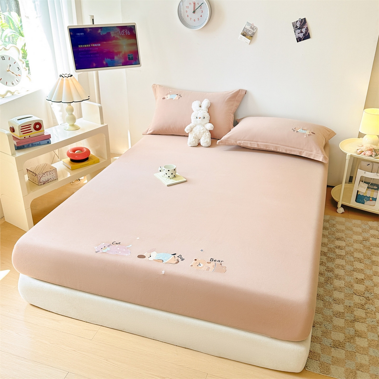 91家纺网 家纺一手货源 找家纺 笙意家纺 2025新款全棉纯棉磨毛刺绣单品床笠 床笠单件 萌宠-热带棕