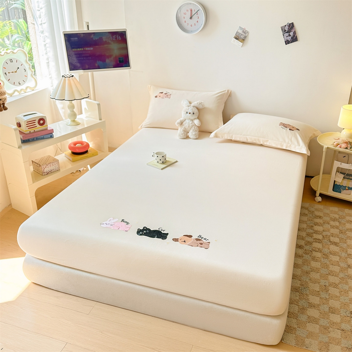 91家纺网 家纺一手货源 找家纺 笙意家纺 2025新款全棉纯棉磨毛刺绣单品床笠 床笠单件 萌宠-柔雾米