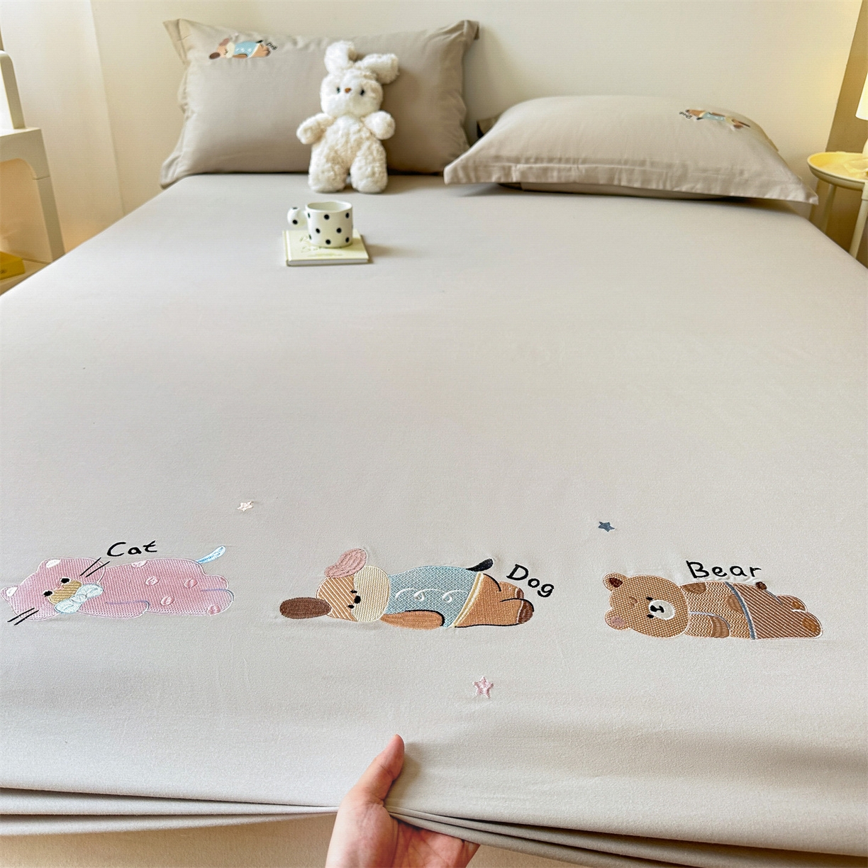 笙意家纺 2025新款全棉纯棉磨毛刺绣单品床笠 床笠单件 萌宠-陨石灰