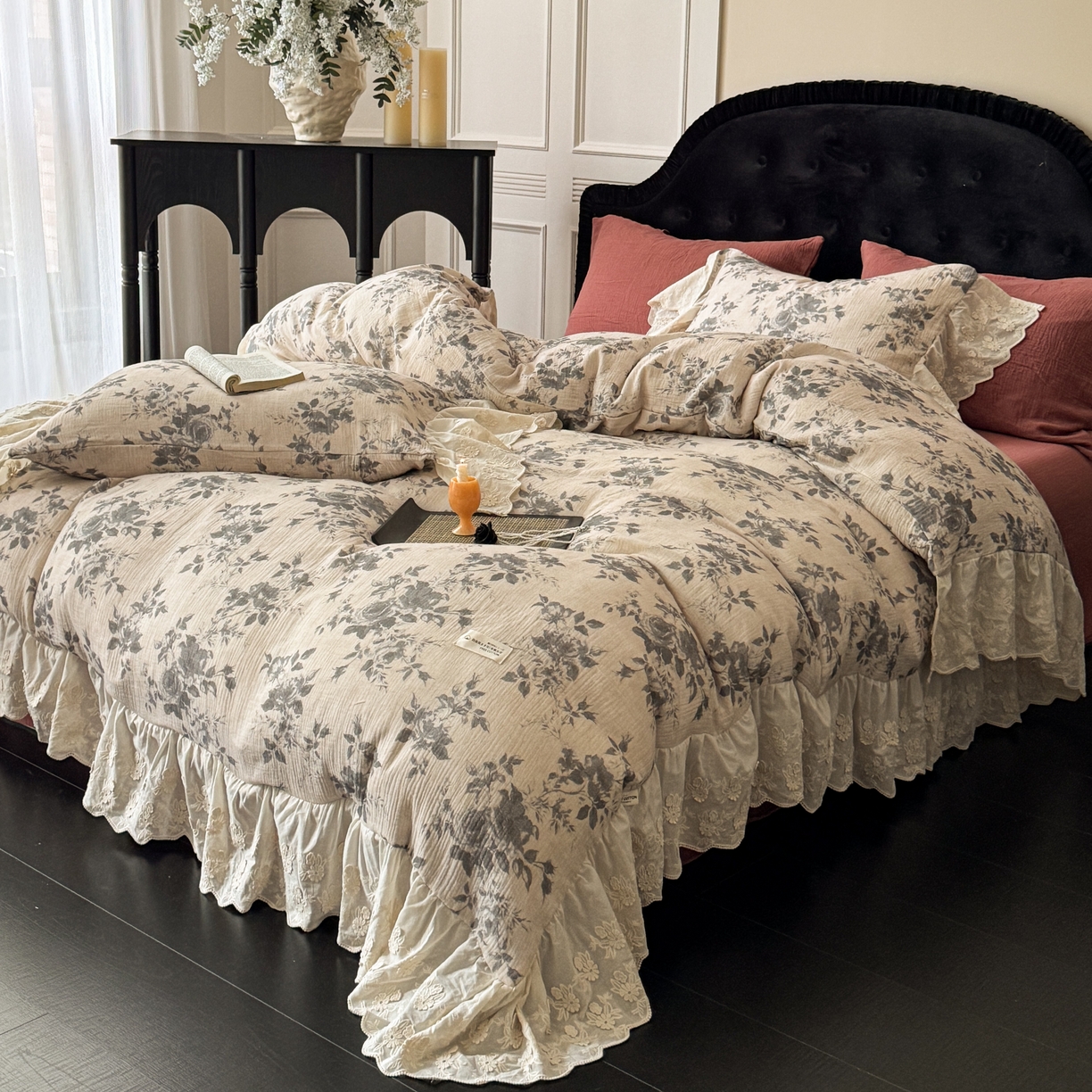 91家纺网 家纺一手货源 找家纺 （总）耀悦家纺 2025新款纯棉皱皱纱四件套全棉双层纱水洗棉大花边法式工艺款四件套