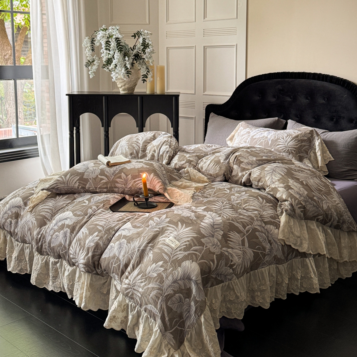 91家纺网 家纺一手货源 找家纺 （总）耀悦家纺 2025新款纯棉皱皱纱四件套全棉双层纱水洗棉大花边法式工艺款四件套