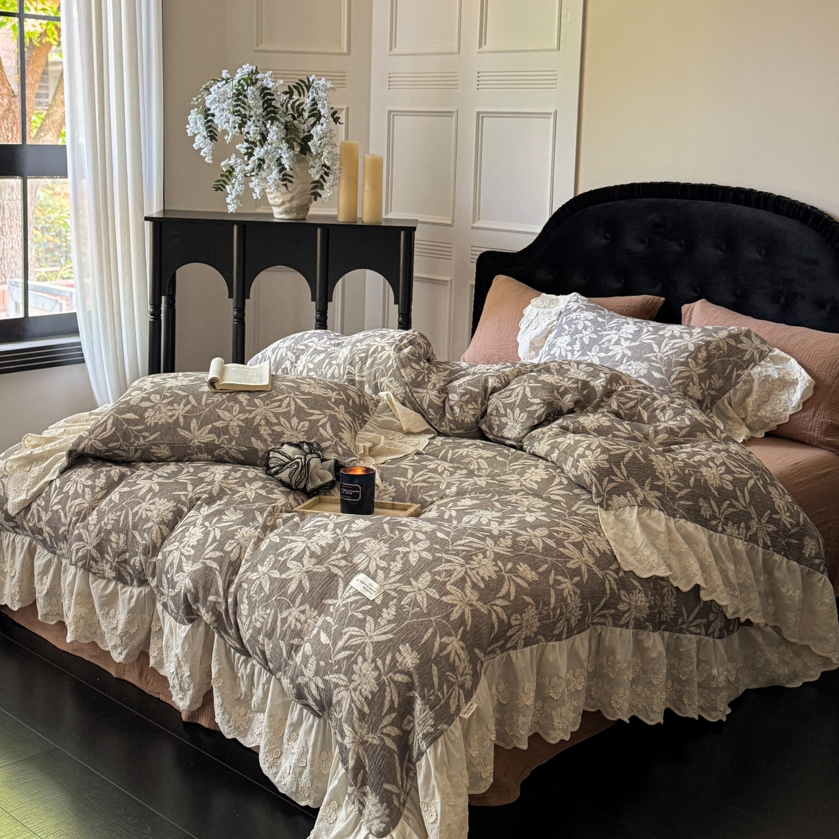 91家纺网 家纺一手货源 找家纺 （总）耀悦家纺 2025新款纯棉皱皱纱四件套全棉双层纱水洗棉大花边法式工艺款四件套