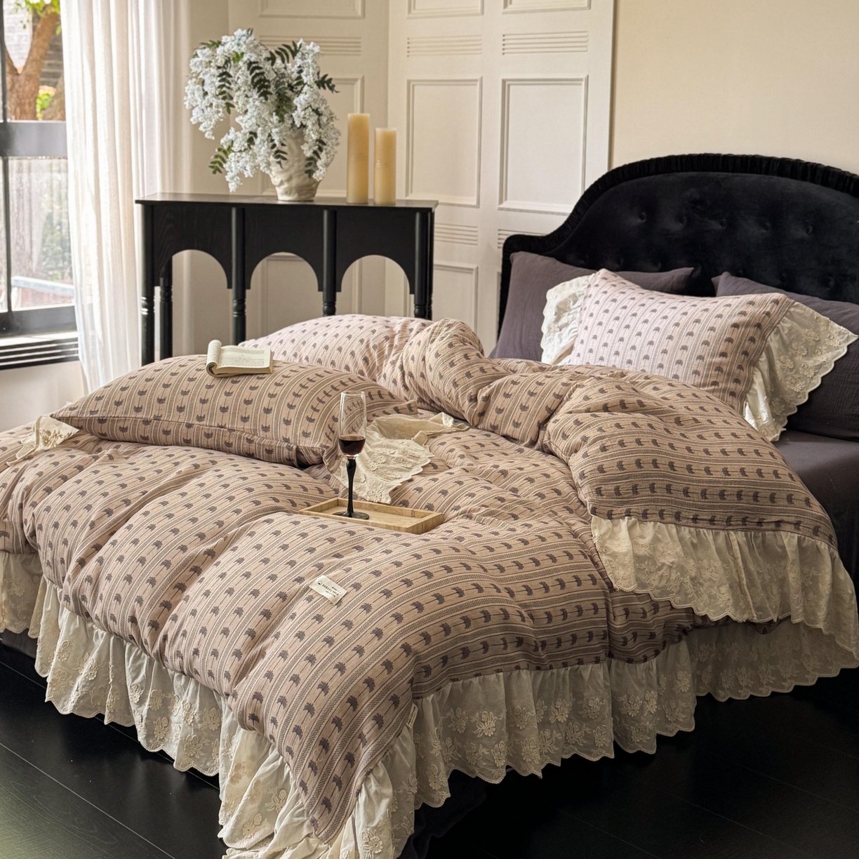 91家纺网 家纺一手货源 找家纺 （总）耀悦家纺 2025新款纯棉皱皱纱四件套全棉双层纱水洗棉大花边法式工艺款四件套