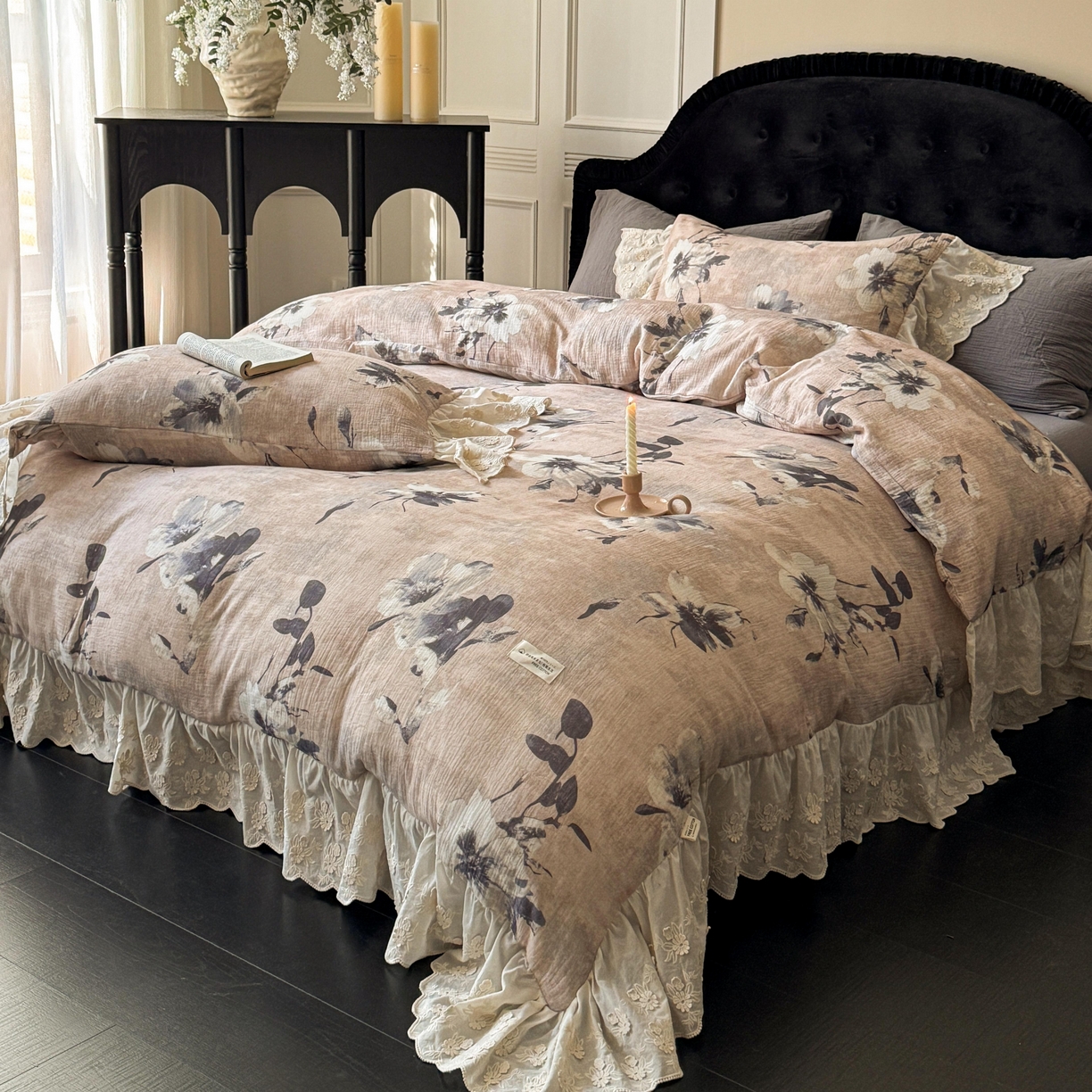 91家纺网 家纺一手货源 找家纺 （总）耀悦家纺 2025新款纯棉皱皱纱四件套全棉双层纱水洗棉大花边法式工艺款四件套