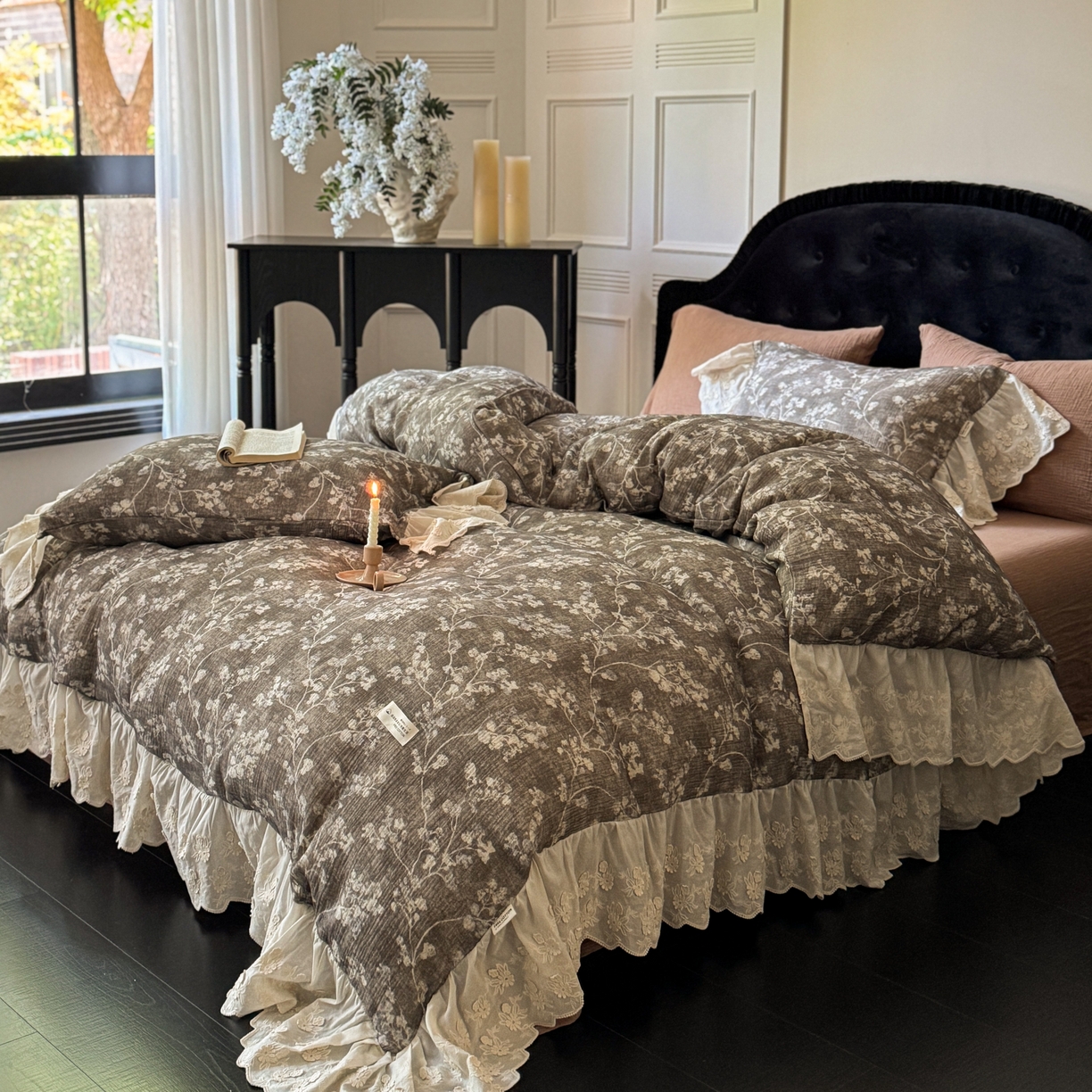 91家纺网 家纺一手货源 找家纺 （总）耀悦家纺 2025新款纯棉皱皱纱四件套全棉双层纱水洗棉大花边法式工艺款四件套