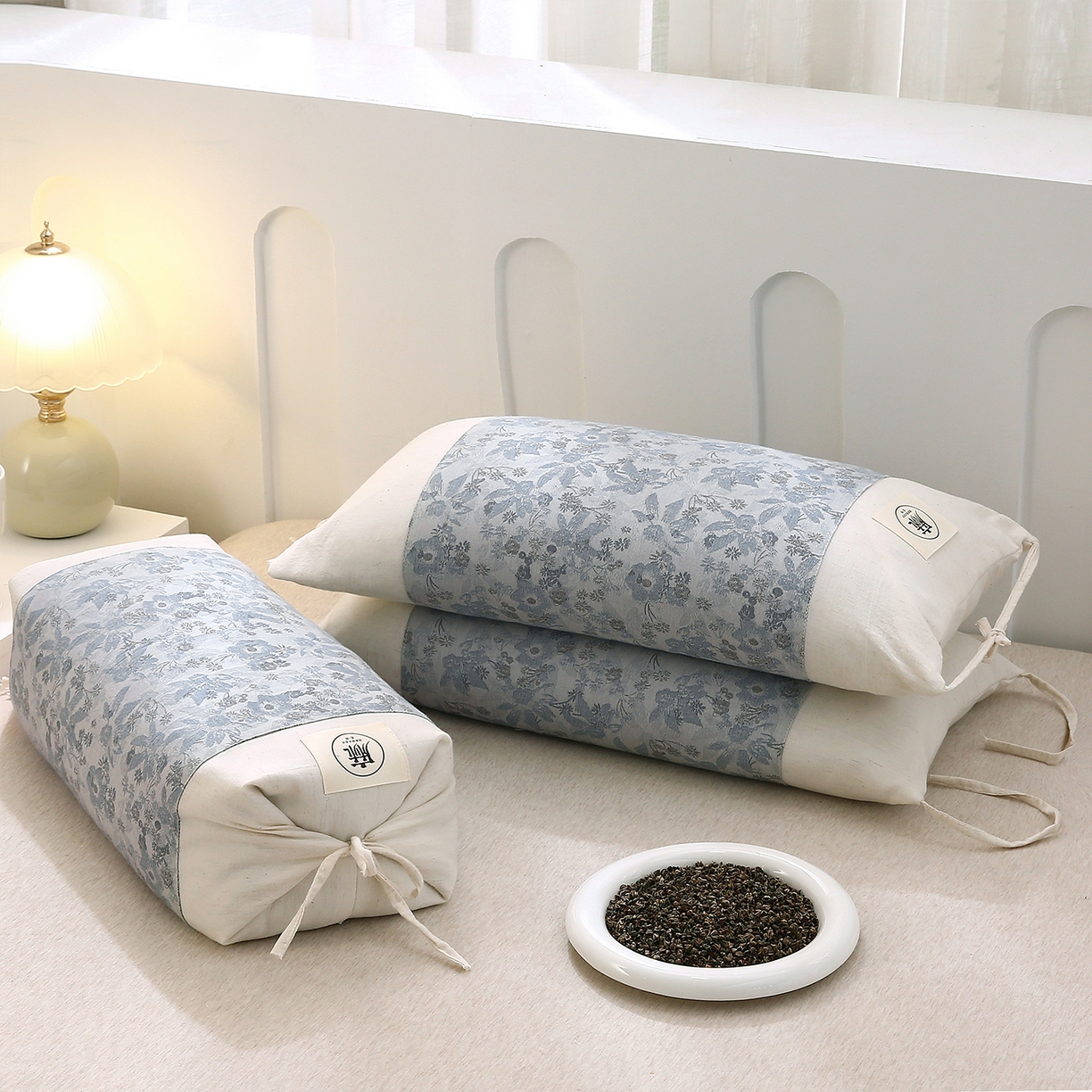 梦叶草 2025新款国风棉麻荞麦枕芯可调节高度荞麦枕护颈椎反弓苦荞麦枕头 国风棉麻荞麦枕-水墨蓝