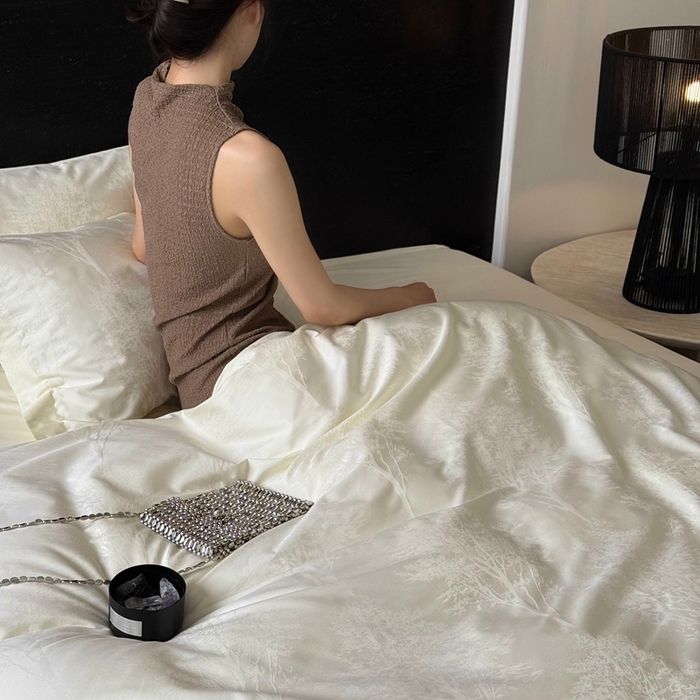 鹿班家居 2025新款100S长绒棉纯棉精美提花系列四件套-光影斑驳（标准会员-20元） 光影斑驳-白色