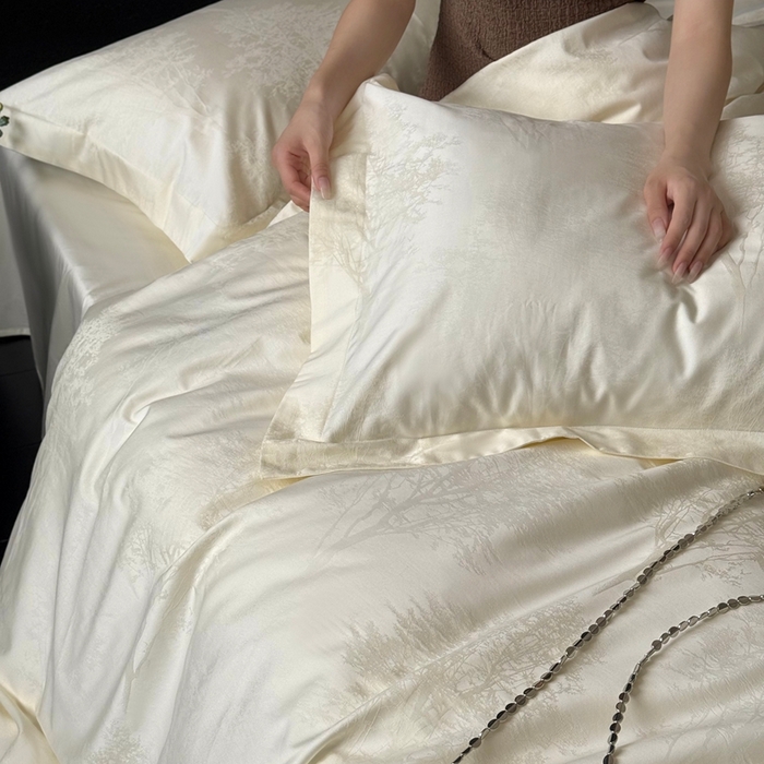 91家纺网 家纺一手货源 找家纺 鹿班家居 2025新款100S长绒棉纯棉精美提花系列四件套-光影斑驳（标准会员-20元） 光影斑驳-白色