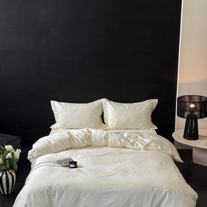 91家纺网 家纺一手货源 找家纺 鹿班家居 2025新款100S长绒棉纯棉精美提花系列四件套-光影斑驳（标准会员-20元） 光影斑驳-白色