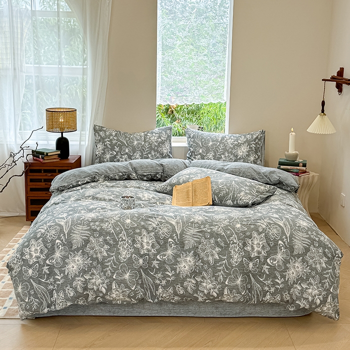 91家纺网 家纺一手货源 找家纺 （总）元禾 2025新款秋冬130克加厚亚麻原麻复古风皱皱纱双层纱印花四件套