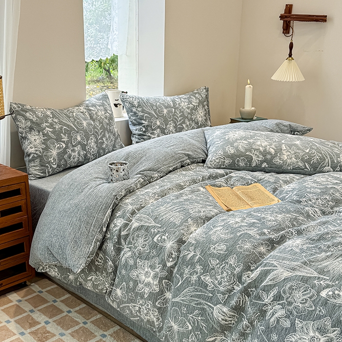 91家纺网 家纺一手货源 找家纺 （总）元禾 2025新款秋冬130克加厚亚麻原麻复古风皱皱纱双层纱印花四件套