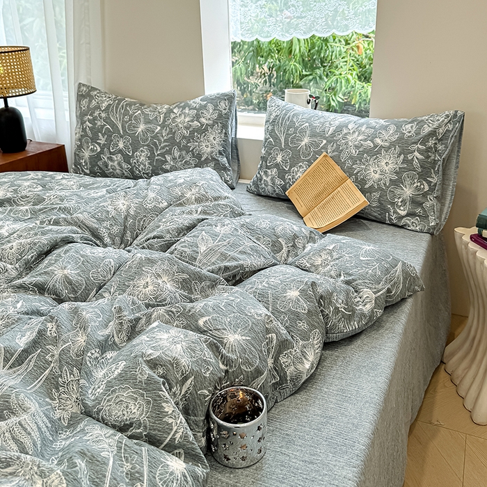 91家纺网 家纺一手货源 找家纺 （总）元禾 2025新款秋冬130克加厚亚麻原麻复古风皱皱纱双层纱印花四件套