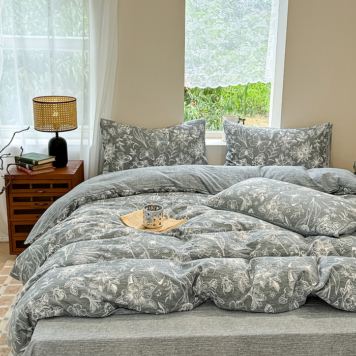 91家纺网 家纺一手货源 找家纺 （总）元禾 2025新款秋冬130克加厚亚麻原麻复古风皱皱纱双层纱印花四件套