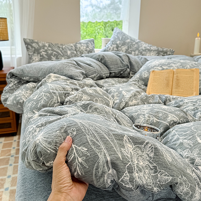 91家纺网 家纺一手货源 找家纺 （总）元禾 2025新款秋冬130克加厚亚麻原麻复古风皱皱纱双层纱印花四件套