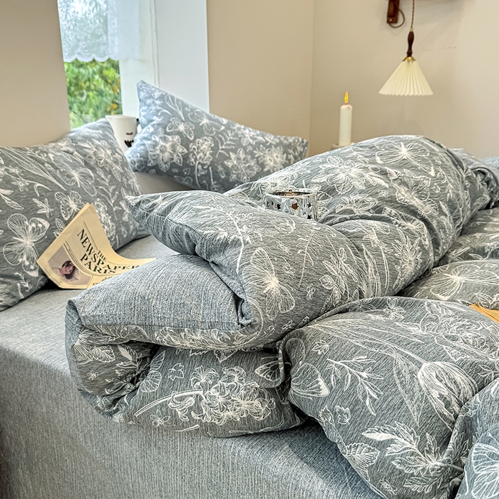 91家纺网 家纺一手货源 找家纺 （总）元禾 2025新款秋冬130克加厚亚麻原麻复古风皱皱纱双层纱印花四件套