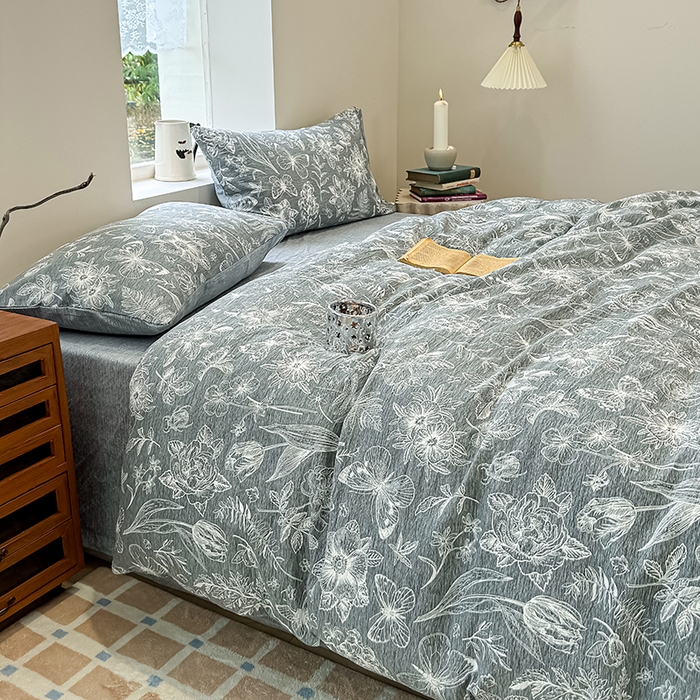 91家纺网 家纺一手货源 找家纺 （总）元禾 2025新款秋冬130克加厚亚麻原麻复古风皱皱纱双层纱印花四件套