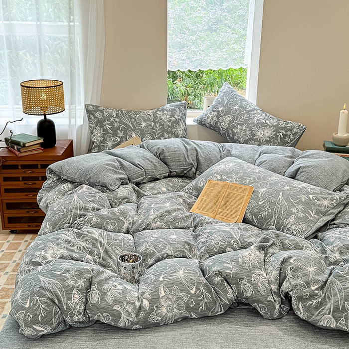 91家纺网 家纺一手货源 找家纺 （总）元禾 2025新款秋冬130克加厚亚麻原麻复古风皱皱纱双层纱印花四件套