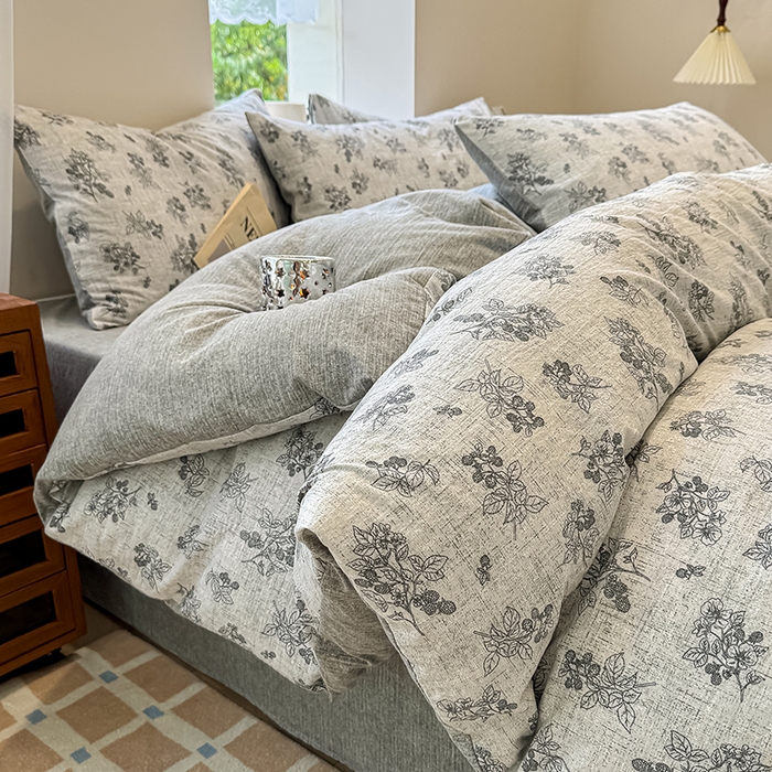 91家纺网 家纺一手货源 找家纺 （总）元禾 2025新款秋冬130克加厚亚麻原麻复古风皱皱纱双层纱印花四件套