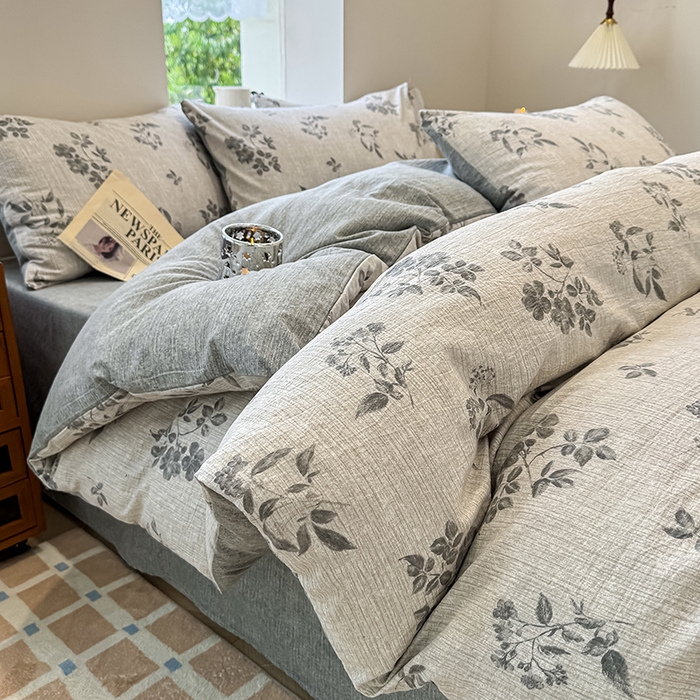 91家纺网 家纺一手货源 找家纺 （总）元禾 2025新款秋冬130克加厚亚麻原麻复古风皱皱纱双层纱印花四件套