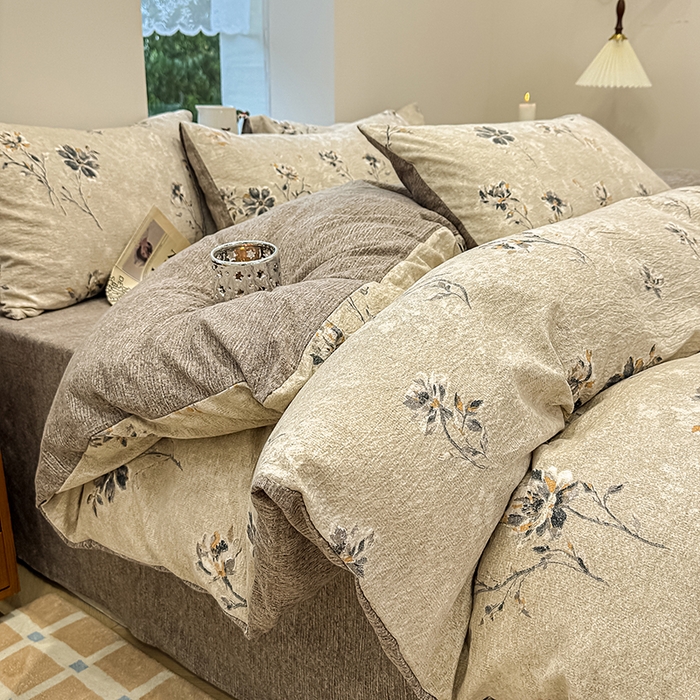 91家纺网 家纺一手货源 找家纺 （总）元禾 2025新款秋冬130克加厚亚麻原麻复古风皱皱纱双层纱印花四件套