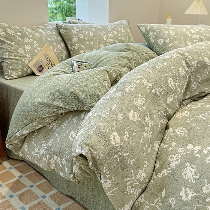 91家纺网 家纺一手货源 找家纺 （总）元禾 2025新款秋冬130克加厚亚麻原麻复古风皱皱纱双层纱印花四件套