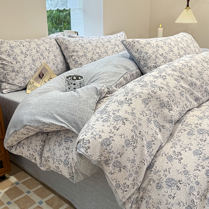 91家纺网 家纺一手货源 找家纺 （总）元禾 2025新款秋冬130克加厚亚麻原麻复古风皱皱纱双层纱印花四件套