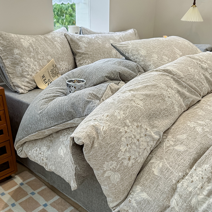 91家纺网 家纺一手货源 找家纺 （总）元禾 2025新款秋冬130克加厚亚麻原麻复古风皱皱纱双层纱印花四件套