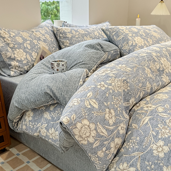 91家纺网 家纺一手货源 找家纺 （总）元禾 2025新款秋冬130克加厚亚麻原麻复古风皱皱纱双层纱印花四件套