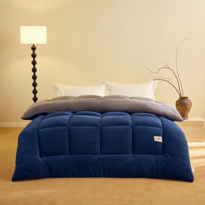 91家纺网 家纺一手货源 找家纺 梦恬佳 2025新款180克牛奶绒羊羔绒加厚冬被 被子被芯 牛奶绒-蓝拼灰