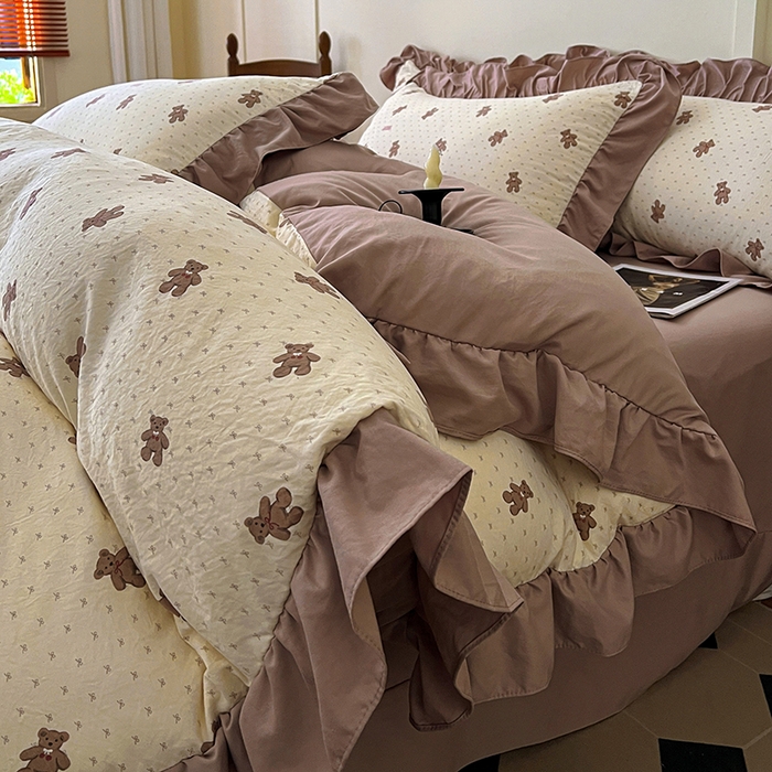 91家纺网 家纺一手货源 找家纺 梦莱斯 2025新款高克重云感棉四件套-花边款 梦想熊