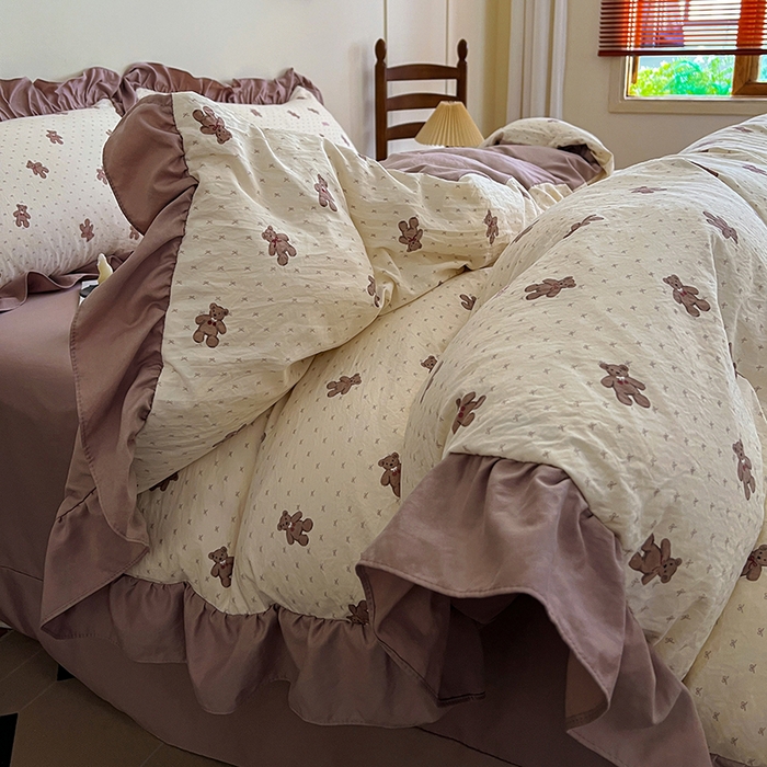 91家纺网 家纺一手货源 找家纺 梦莱斯 2025新款高克重云感棉四件套-花边款 梦想熊