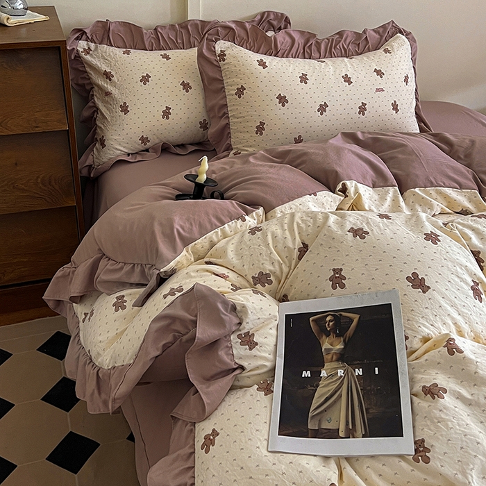 91家纺网 家纺一手货源 找家纺 梦莱斯 2025新款高克重云感棉四件套-花边款 梦想熊