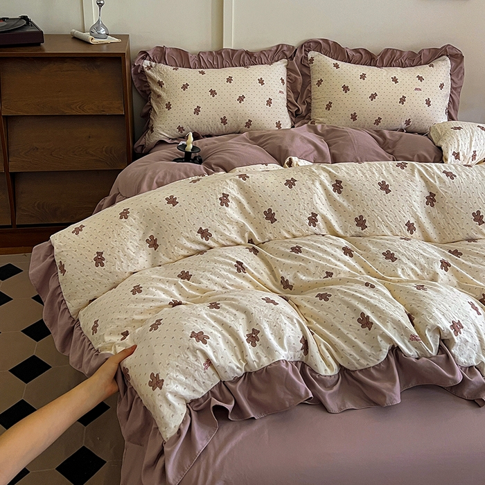 91家纺网 家纺一手货源 找家纺 梦莱斯 2025新款高克重云感棉四件套-花边款 梦想熊