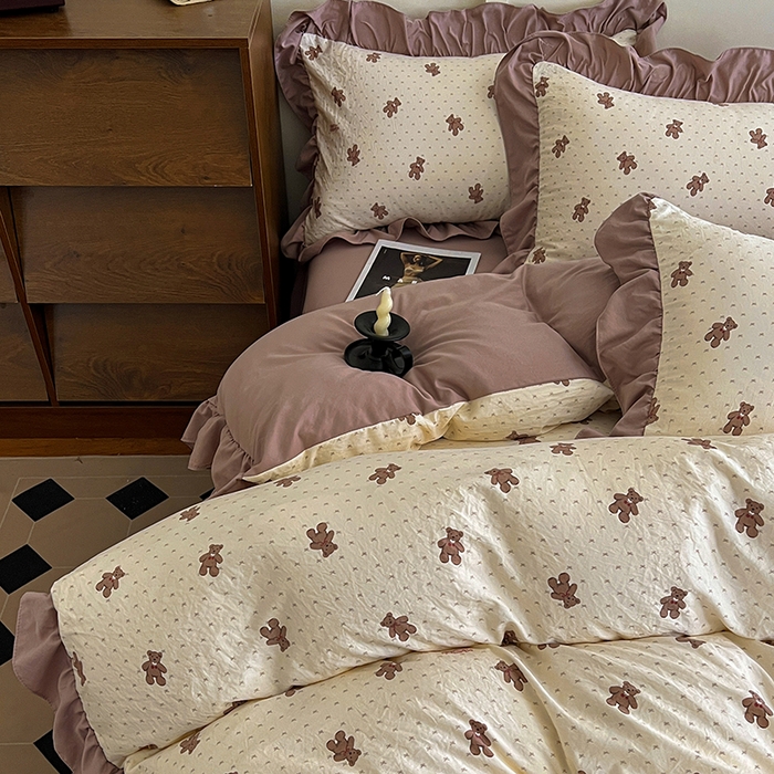 91家纺网 家纺一手货源 找家纺 梦莱斯 2025新款高克重云感棉四件套-花边款 梦想熊