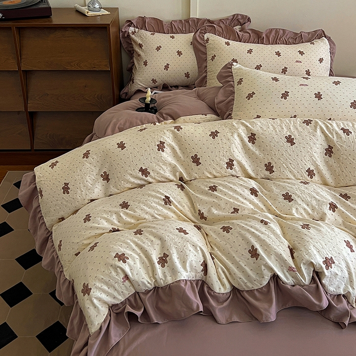 91家纺网 家纺一手货源 找家纺 梦莱斯 2025新款高克重云感棉四件套-花边款 梦想熊