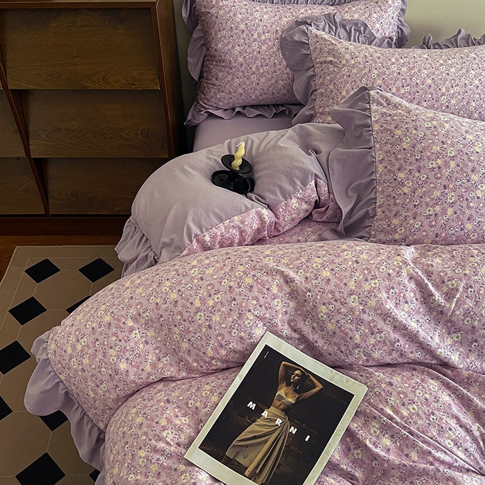 91家纺网 家纺一手货源 找家纺 梦莱斯 2025新款高克重云感棉四件套-花边款 秋日记忆粉