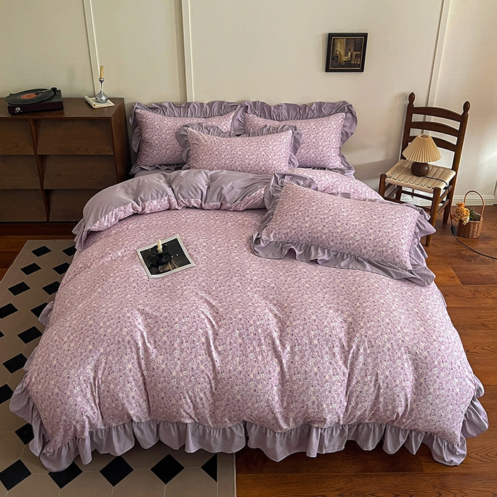 91家纺网 家纺一手货源 找家纺 梦莱斯 2025新款高克重云感棉四件套-花边款 秋日记忆粉