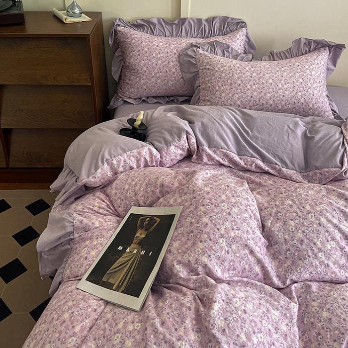 91家纺网 家纺一手货源 找家纺 梦莱斯 2025新款高克重云感棉四件套-花边款 秋日记忆粉