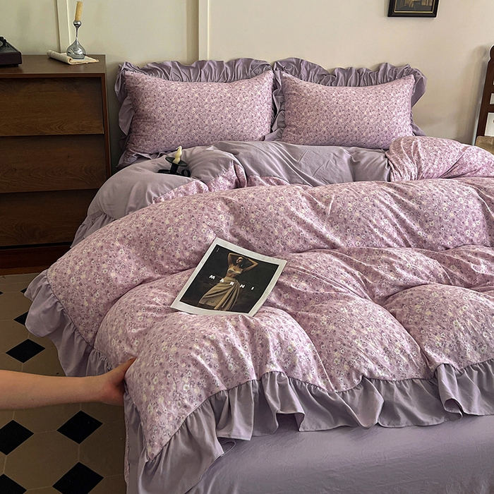 91家纺网 家纺一手货源 找家纺 梦莱斯 2025新款高克重云感棉四件套-花边款 秋日记忆粉