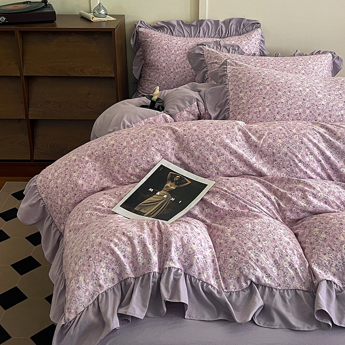 91家纺网 家纺一手货源 找家纺 梦莱斯 2025新款高克重云感棉四件套-花边款 秋日记忆粉