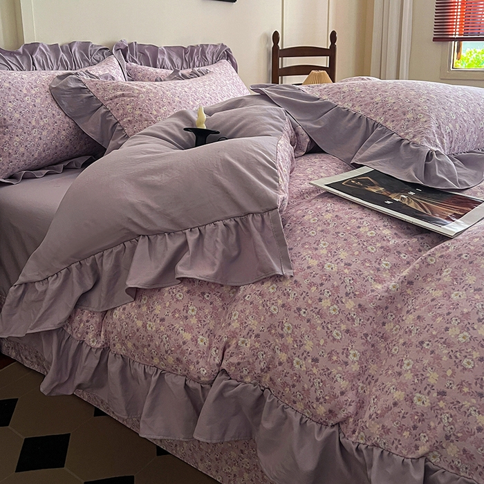 91家纺网 家纺一手货源 找家纺 梦莱斯 2025新款高克重云感棉四件套-花边款 秋日记忆粉