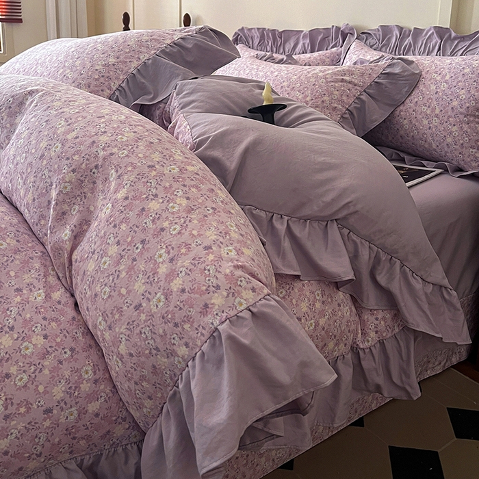 91家纺网 家纺一手货源 找家纺 梦莱斯 2025新款高克重云感棉四件套-花边款 秋日记忆粉