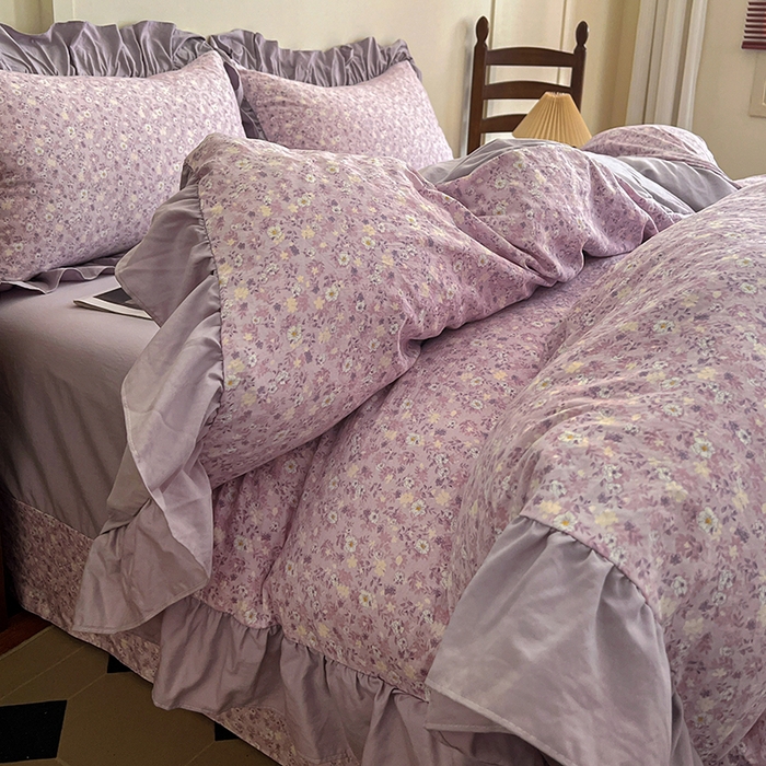 91家纺网 家纺一手货源 找家纺 梦莱斯 2025新款高克重云感棉四件套-花边款 秋日记忆粉