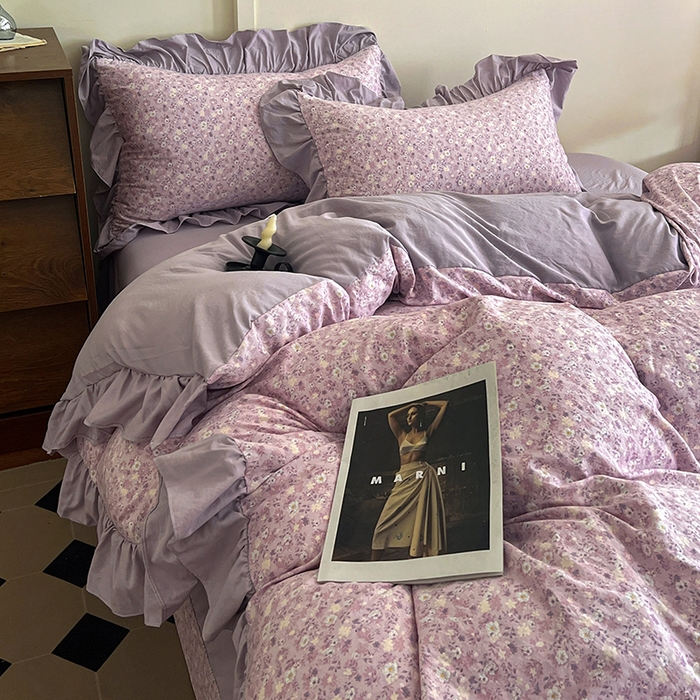 91家纺网 家纺一手货源 找家纺 梦莱斯 2025新款高克重云感棉四件套-花边款 秋日记忆粉