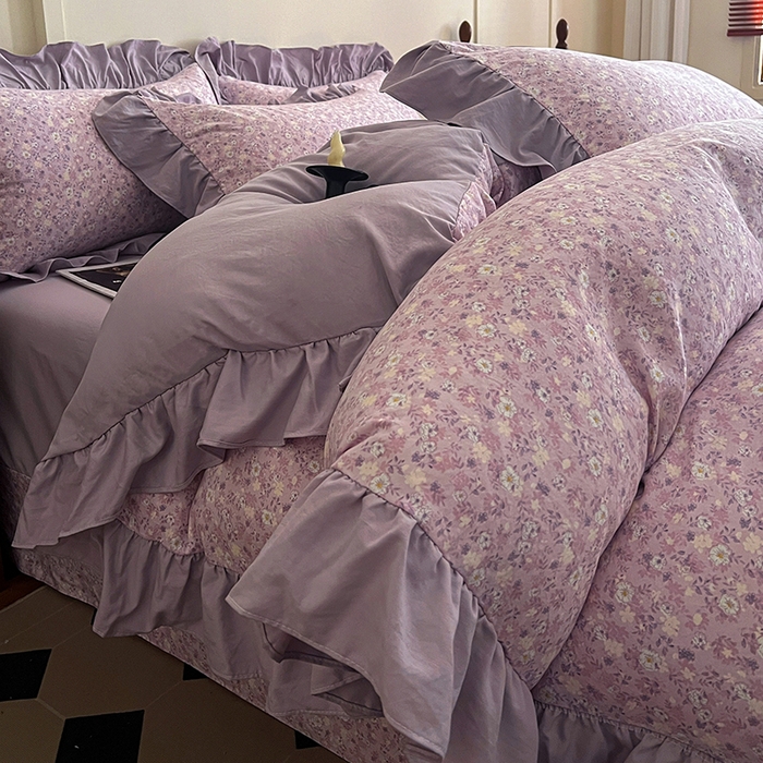 91家纺网 家纺一手货源 找家纺 梦莱斯 2025新款高克重云感棉四件套-花边款 秋日记忆粉