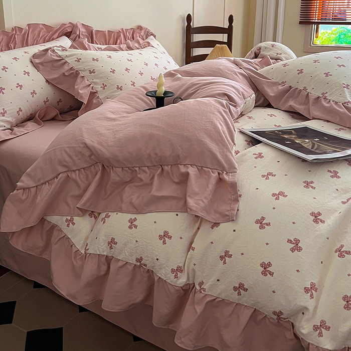 91家纺网 家纺一手货源 找家纺 梦莱斯 2025新款高克重云感棉四件套-花边款 若梦红
