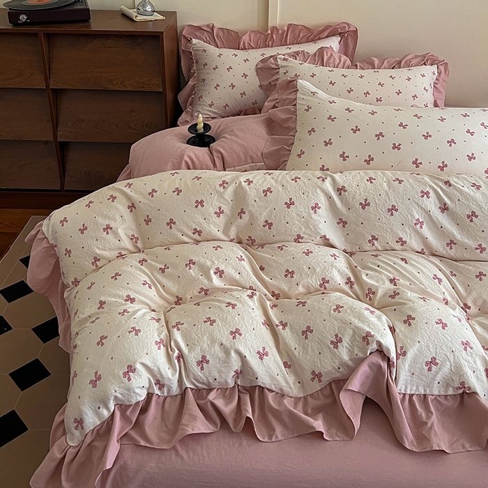 91家纺网 家纺一手货源 找家纺 梦莱斯 2025新款高克重云感棉四件套-花边款 若梦红