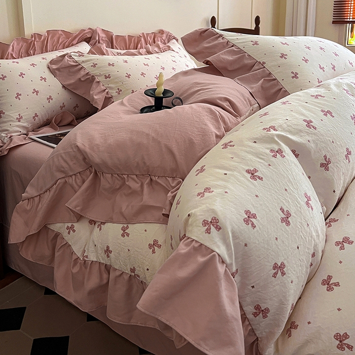91家纺网 家纺一手货源 找家纺 梦莱斯 2025新款高克重云感棉四件套-花边款 若梦红
