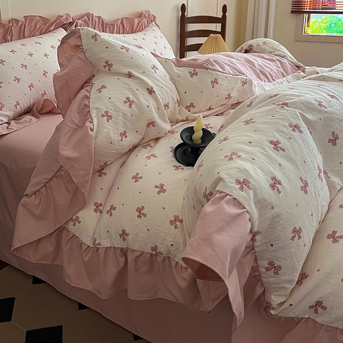 91家纺网 家纺一手货源 找家纺 梦莱斯 2025新款高克重云感棉四件套-花边款 若梦红