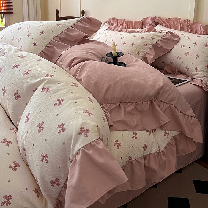 91家纺网 家纺一手货源 找家纺 梦莱斯 2025新款高克重云感棉四件套-花边款 若梦红